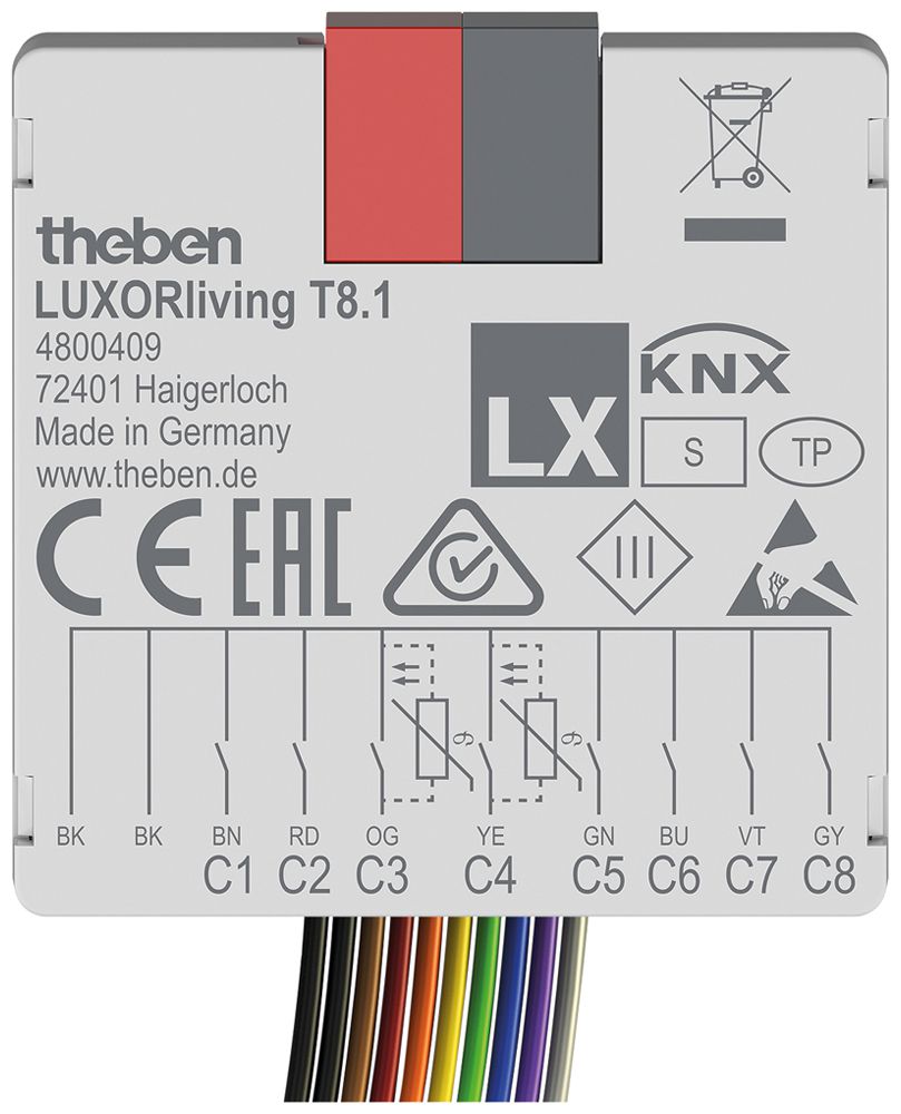 EB-Eingangsmodul Theben LUXORliving T8.1 8-Kanal 5VUC 38×37.3×12.4mm