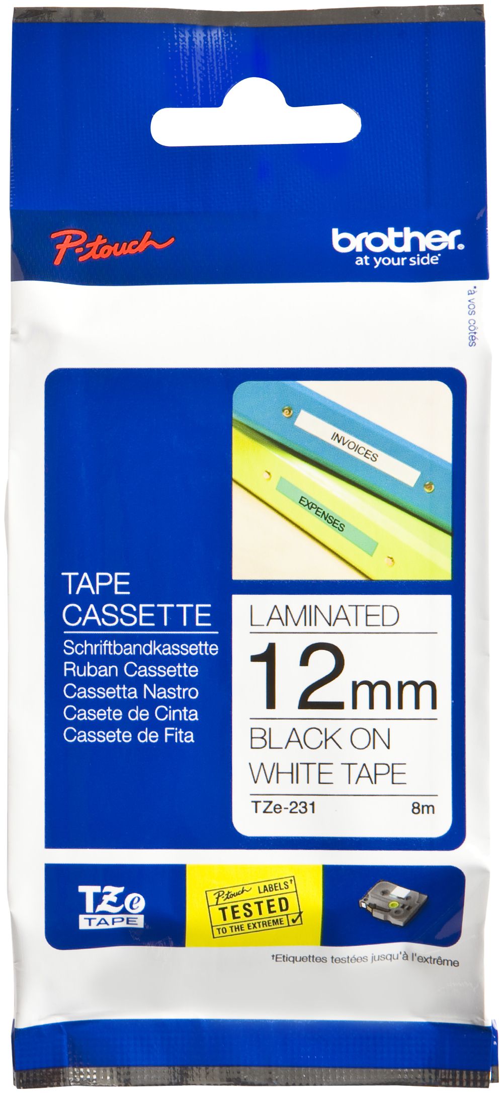 Cassette ruban Brother TZe-231 12mm×8m, blanc/noir