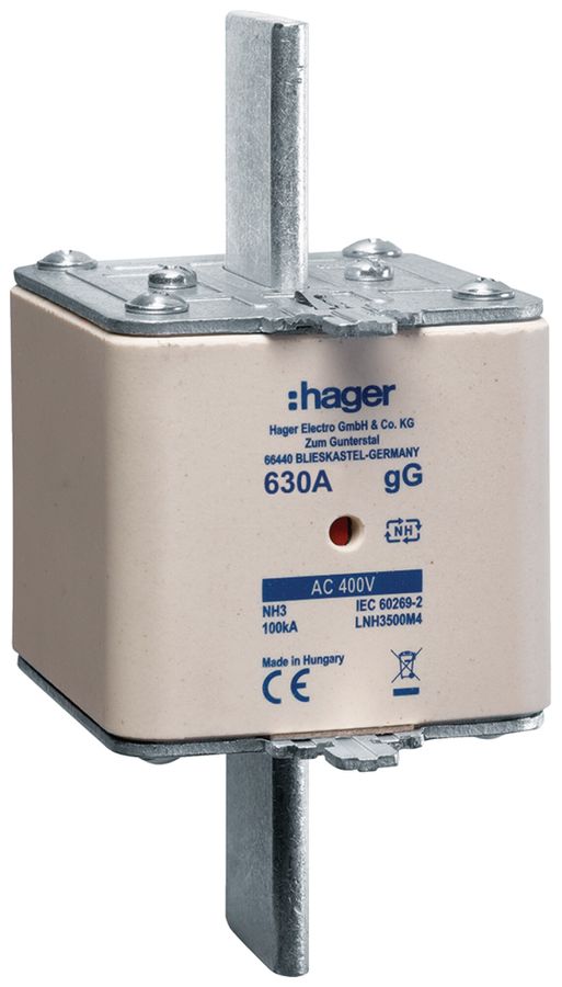 Fusible HPC Hager DIN3 400VAC 630A gG/gL avertisseur double antirouille