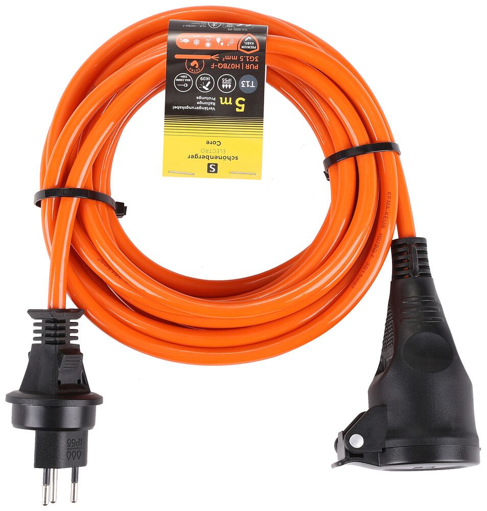 Câble de rallonge Schönenberger PUR T13/T13 3×1.5mm² 10A IP55 5m orange