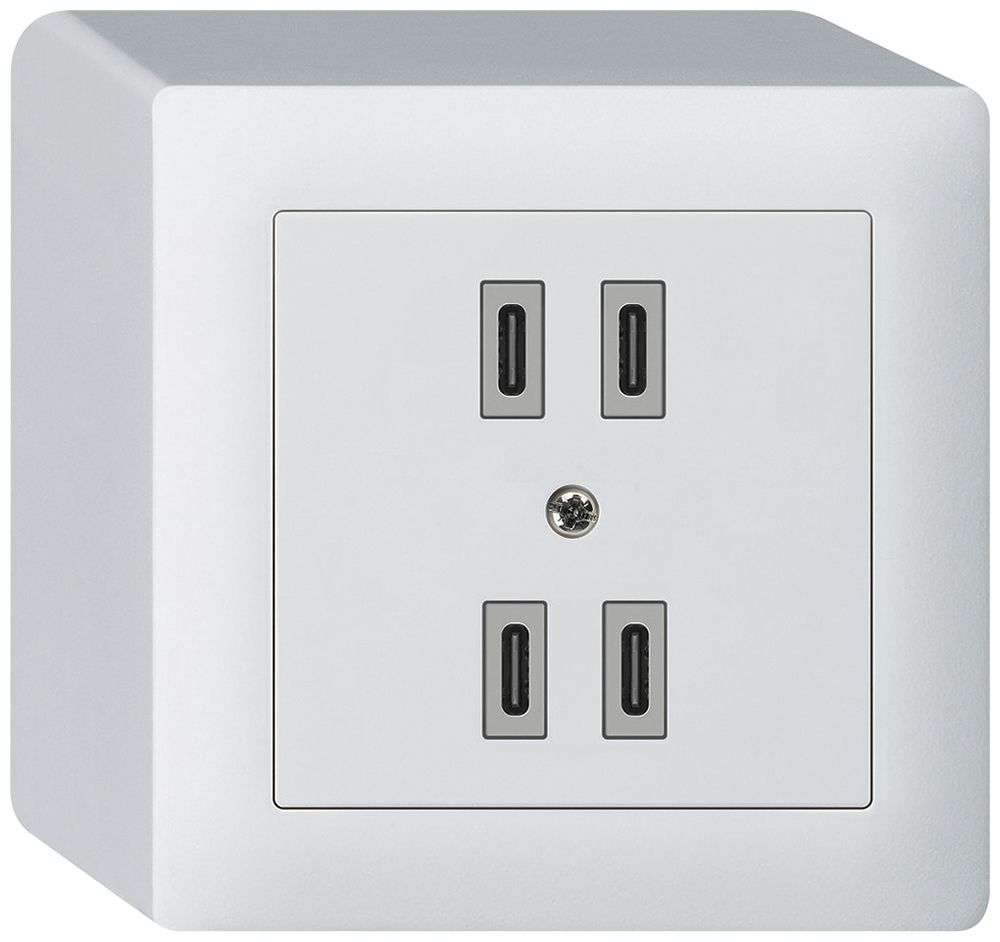 AP-USB-Ladesteckdose Hager kallysto 2×C-C 2×20W oder 4×10W 5V 86×86mm weiss