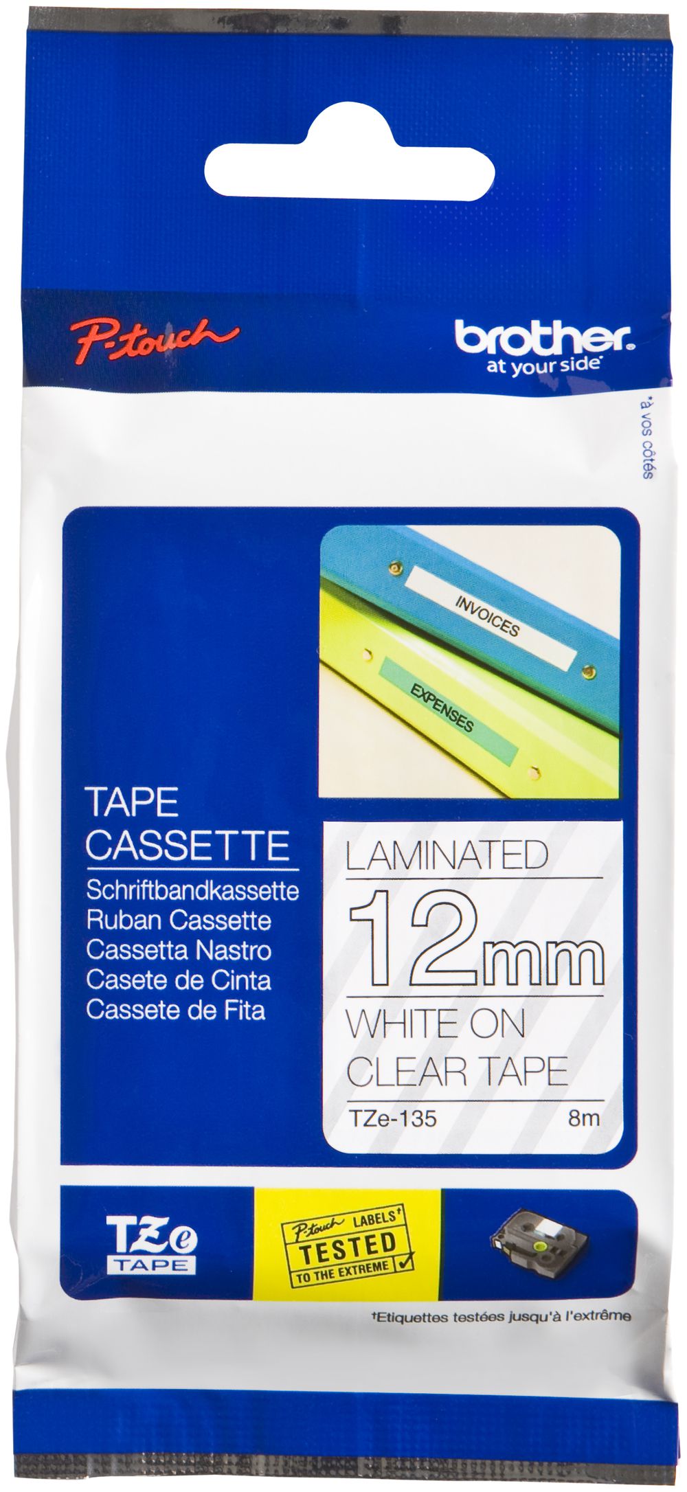 Cassette ruban Brother TZe-135 12mm×8m, transparent-blanc