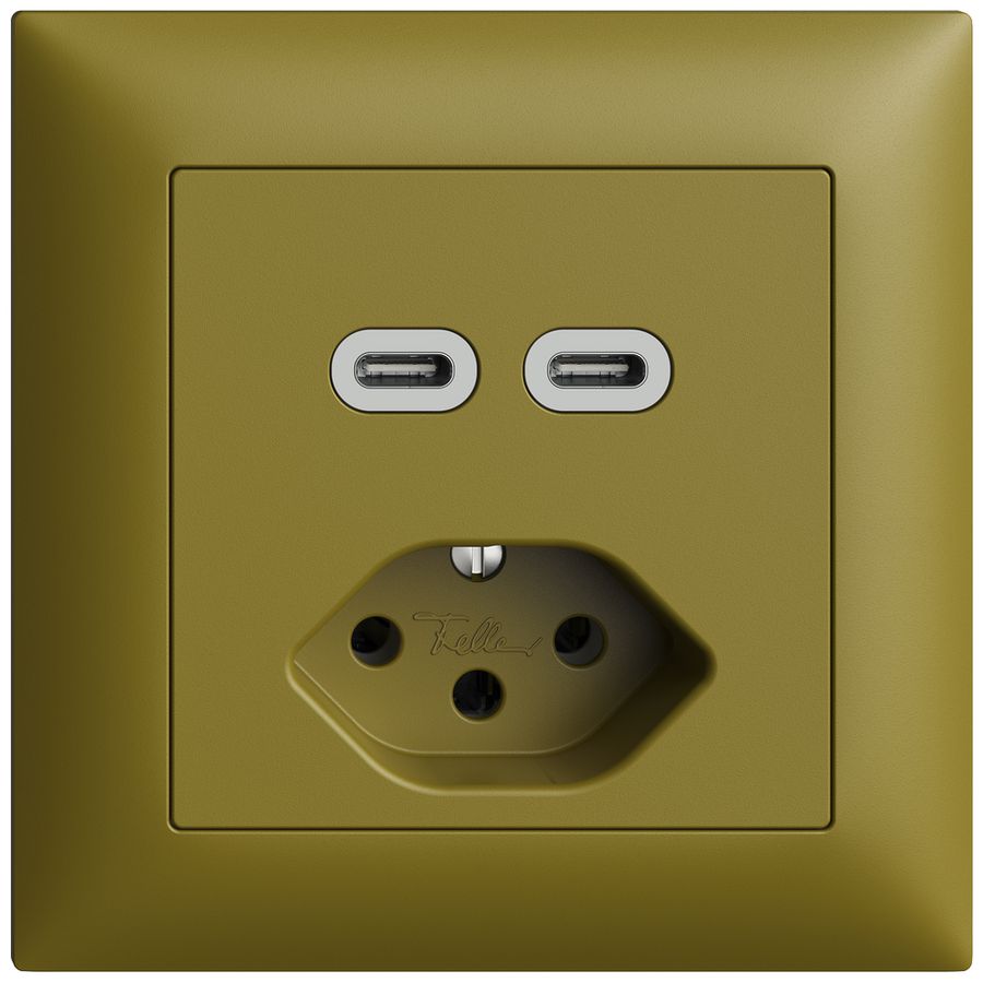 Prise ENC USB 2×type C + type 13 Feller EDIZIOdue FMI 230V 3000mA olive