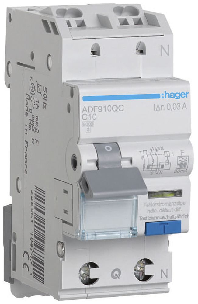 Disgiuntore differenziale Hager 1P+N 230V C 10A 30mA F 6kA 2 moduli