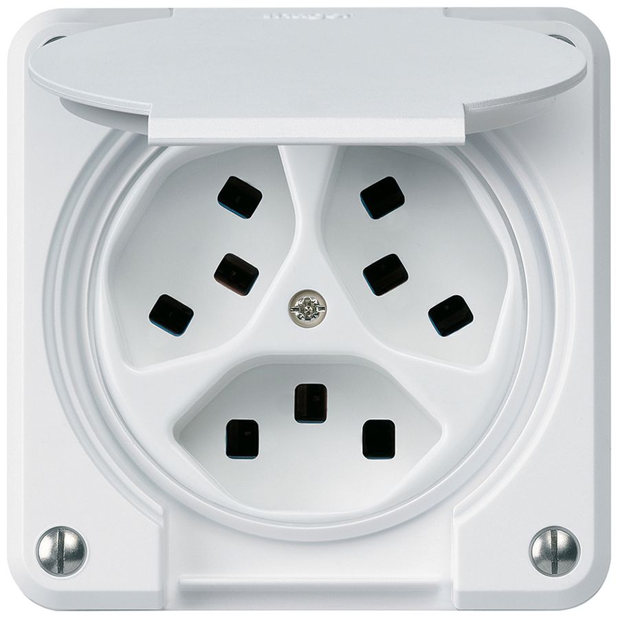 Prise ENC Hager robusto, 3×T23, avec clapet C, blanc