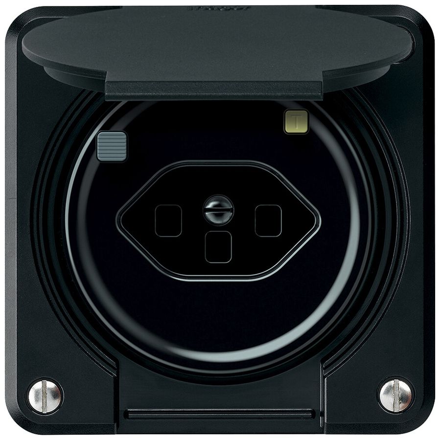Prise FI robusto 1×T13 30mA 10A 250V 86×86mm IP21 noir