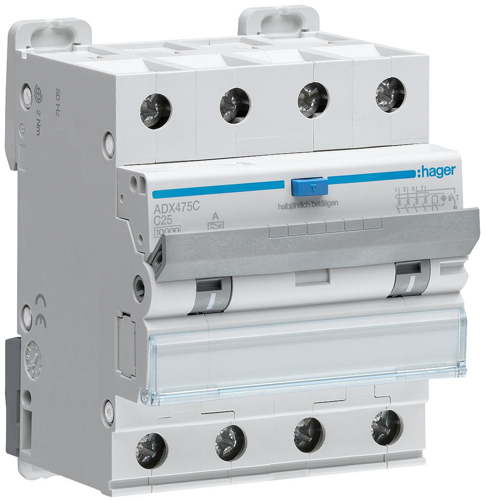 Disgiuntore differenziale Hager RCBO 4P 400V car.C 25A 0.03A t.A 10kA 4UM