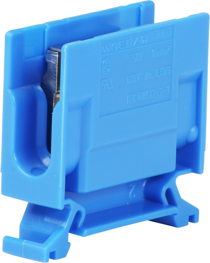 Borne de dérivation Woertz 6…16mm² 76A 750V vis 2×1 rail DIN 35mm bleu