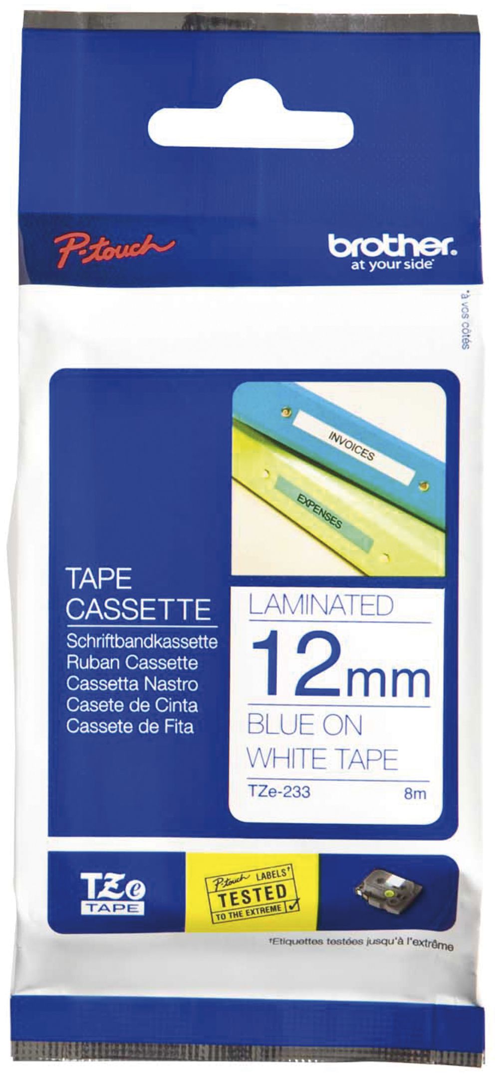 Cassette ruban Brother TZe-233 12mm×8m, blanc/bleu