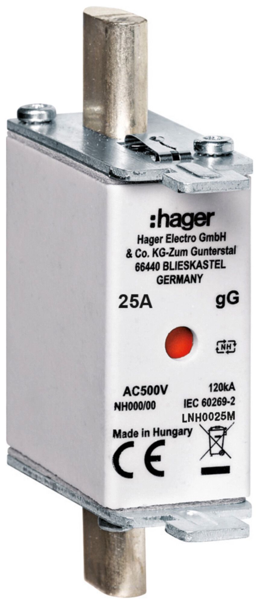 Fusibile HPC Hager DIN000 500VAC 25A gG/gL segnalatore doppio antiruggine