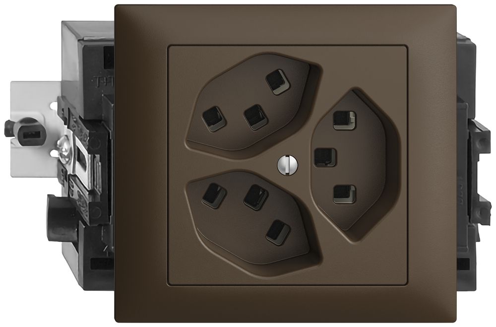 EB-Steckdose 3×T23 16A coffee 53mm EDIZIOdue, mit Steckklemmen