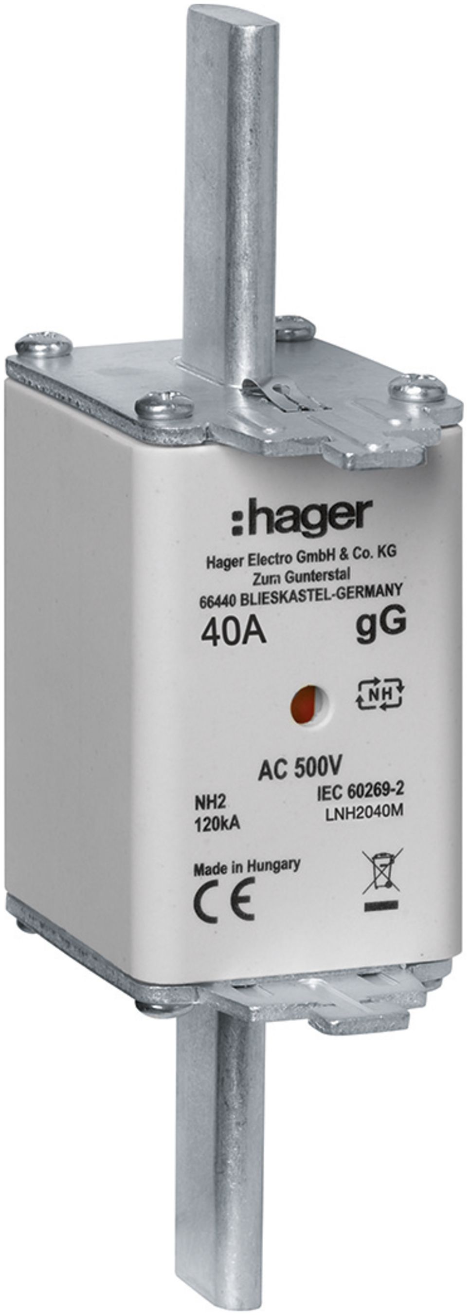 Fusible HPC Hager DIN2c 500VAC 40A gG/gL avertisseur double antirouille