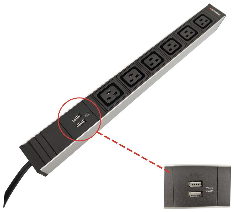 Steckdosenleiste 19" 1HE 6×C19/2×USB-A, Td3×1.5mm² 3m C20, schwarz