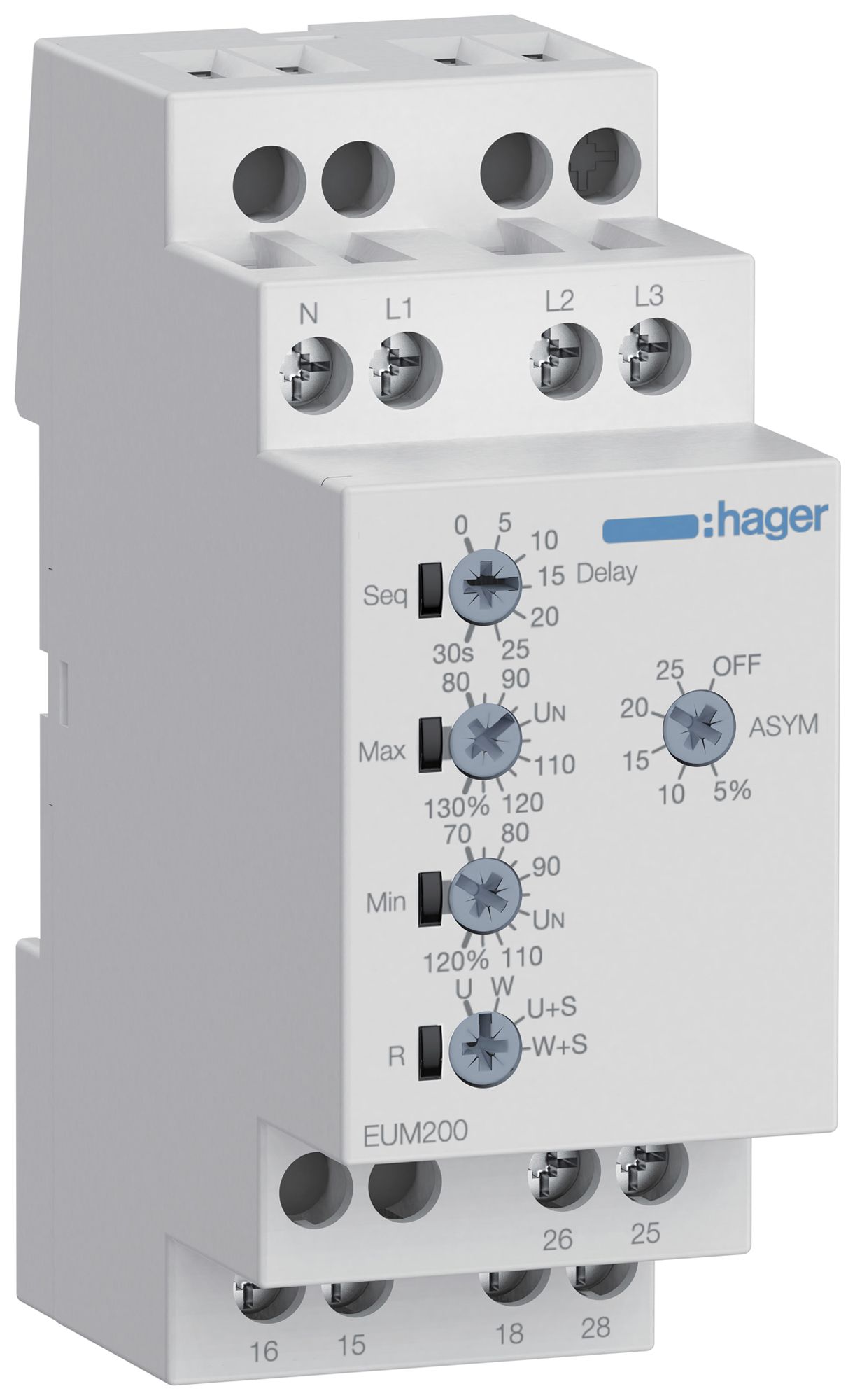 REG-Netzüberwachungsrelais Hager EUM200, 1LN/3LN 2W (5A/250V) 2TE