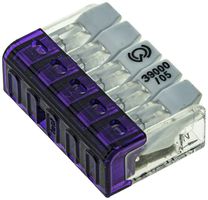 Morsetto di connessione Woertz 5P 0.2…2.5mm² leve di azionamento viola traspare.