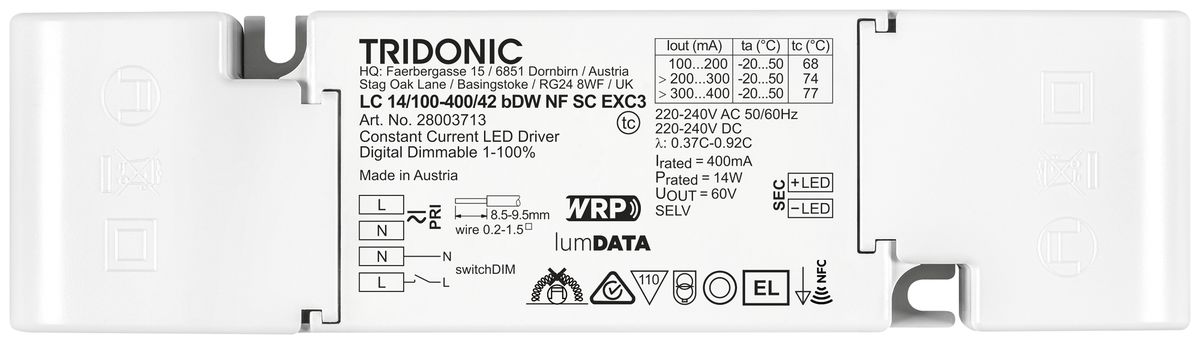 Alimentation LED Tridonic LC NFC EXC3 4.2…14W 7.5…42V 100…400mA VAR 97×43×30mm