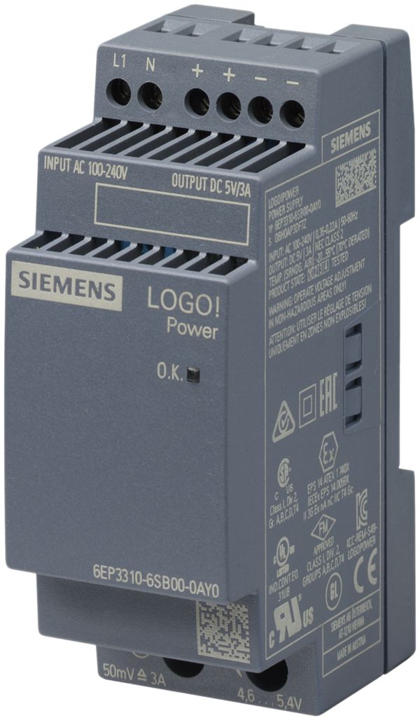Alimentation Siemens LOGO!POWER, IN:100…240VAC, OUT:5VDC/3A, 2UM