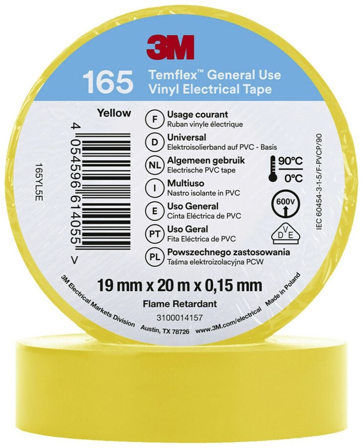 Ruban isolant 3M Temflex 165 19mm×20m×0.15mm jaune VDE 600V 0…90°C