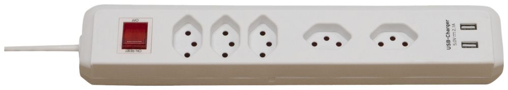 Prise multiple cleverLINE interrupteur 5×T13+2×USB H05VV-F 3×1mm² 2m blanc