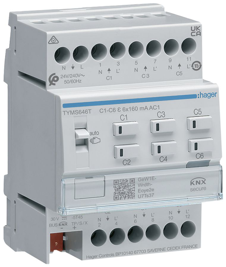 Attuatore di riscaldamento KNX Secure AMD Hager 6-volte 24/230V, triac