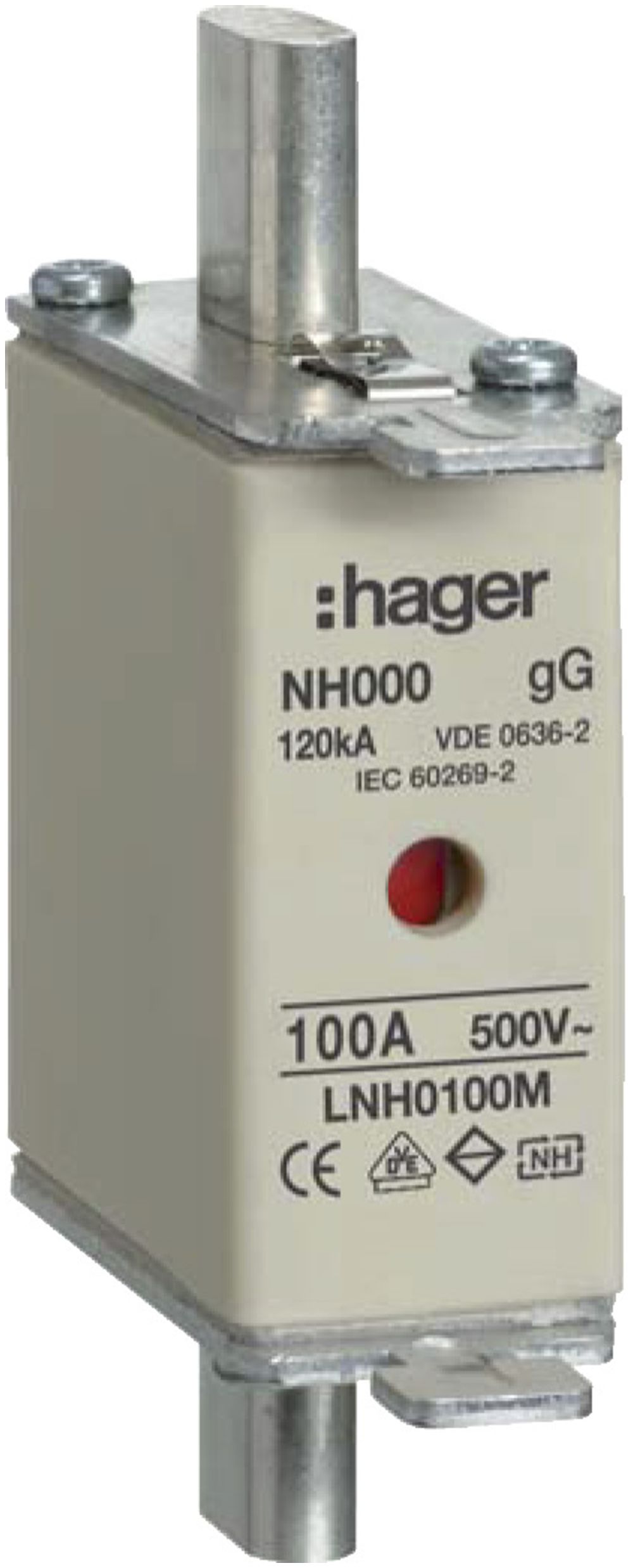 NH-Sicherung Hager DIN000 500VAC 100A gG/gL Doppelkennmelder rostgeschützt