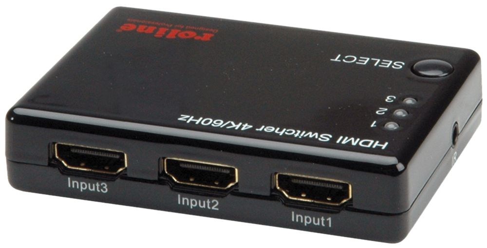 HDMI Switch ROLINE, 3×IN → 1×OUT, IR, actif, 4K@60Hz 3D