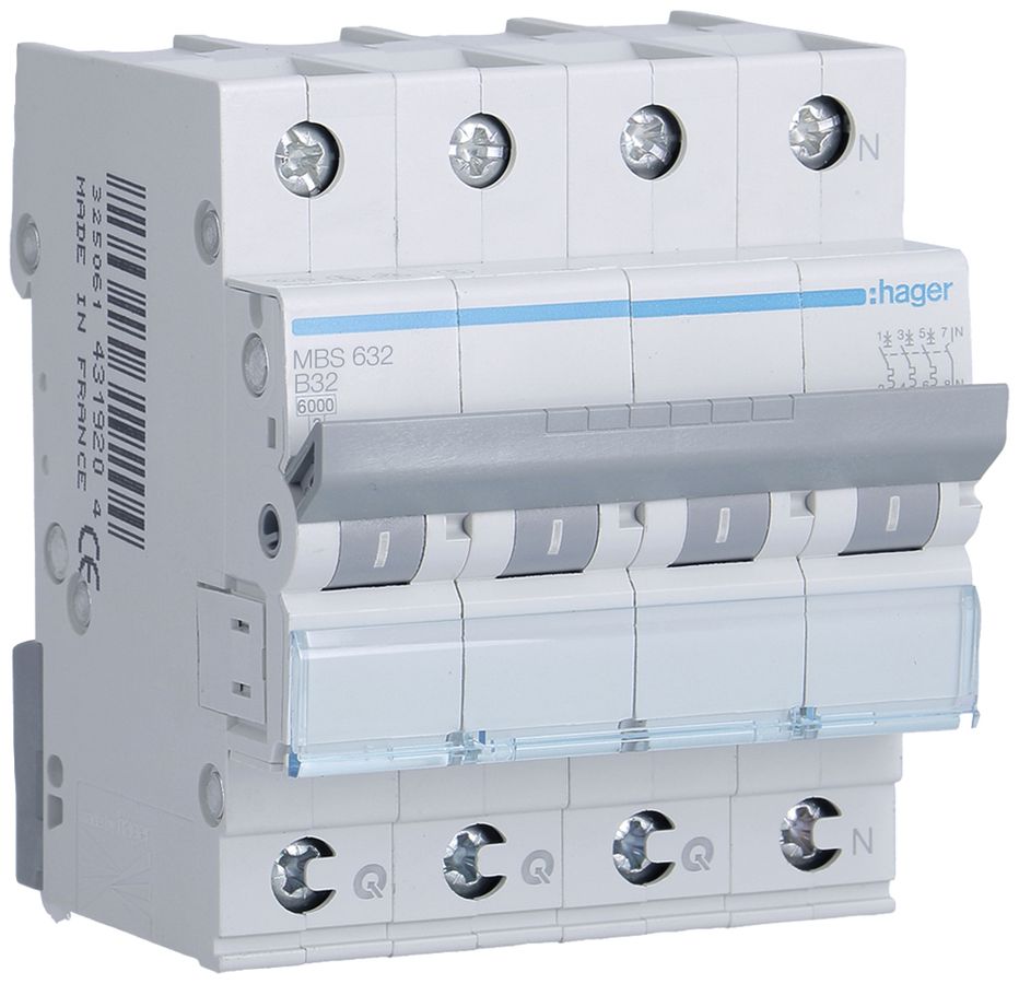 Leitungsschutzschalter Hager MCB quickconnect 4P 415V Typ B 32A Icn 6kA 4TE