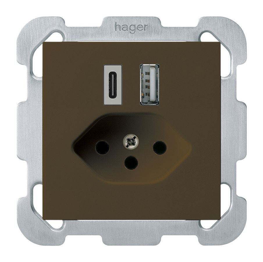 Prise de charge USB ENC kallysto 18W PD 1×type A 1×type C T13 a.plaque fix. brun