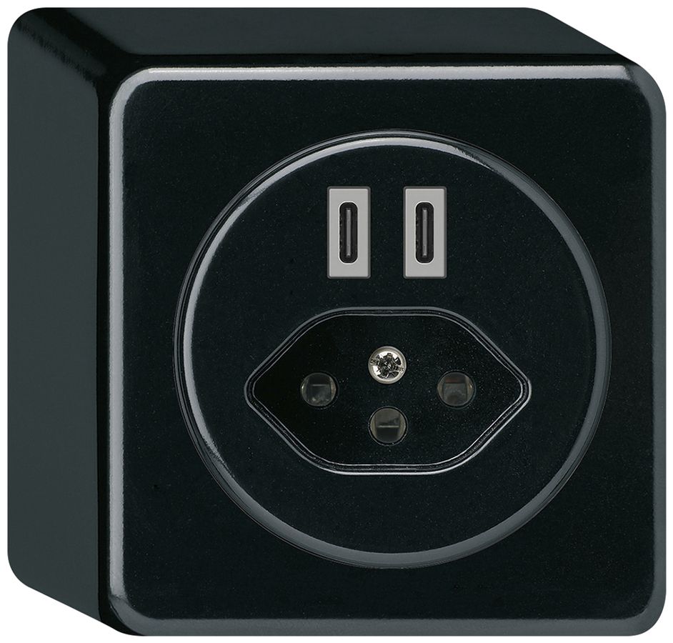 Prise de charge USB AP Hager basico C-C 20W+T13 5V 86×86mm noir