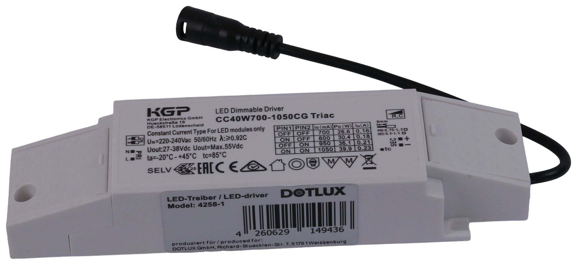 Convertitore LED DOTLUX IP20 27…40W 27…38V 700…1050mA DIM