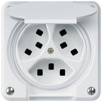 UP-Steckdose Hager robusto, 3×T23, mit Klappdeckel C, weiss