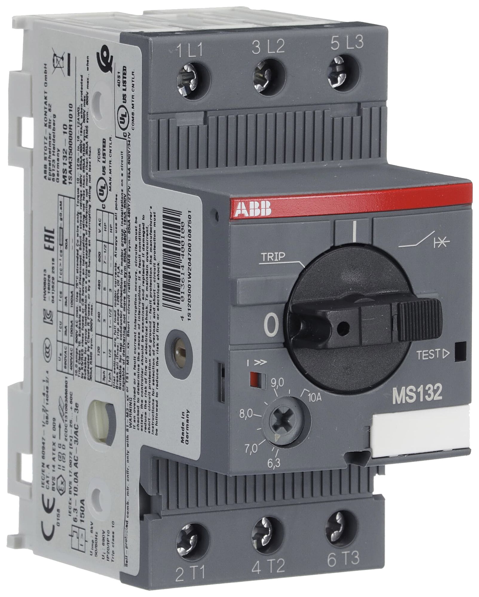 Salvamotore AMD ABB MS132, 4kW AC-3 (6.3…10A) 3L a vite