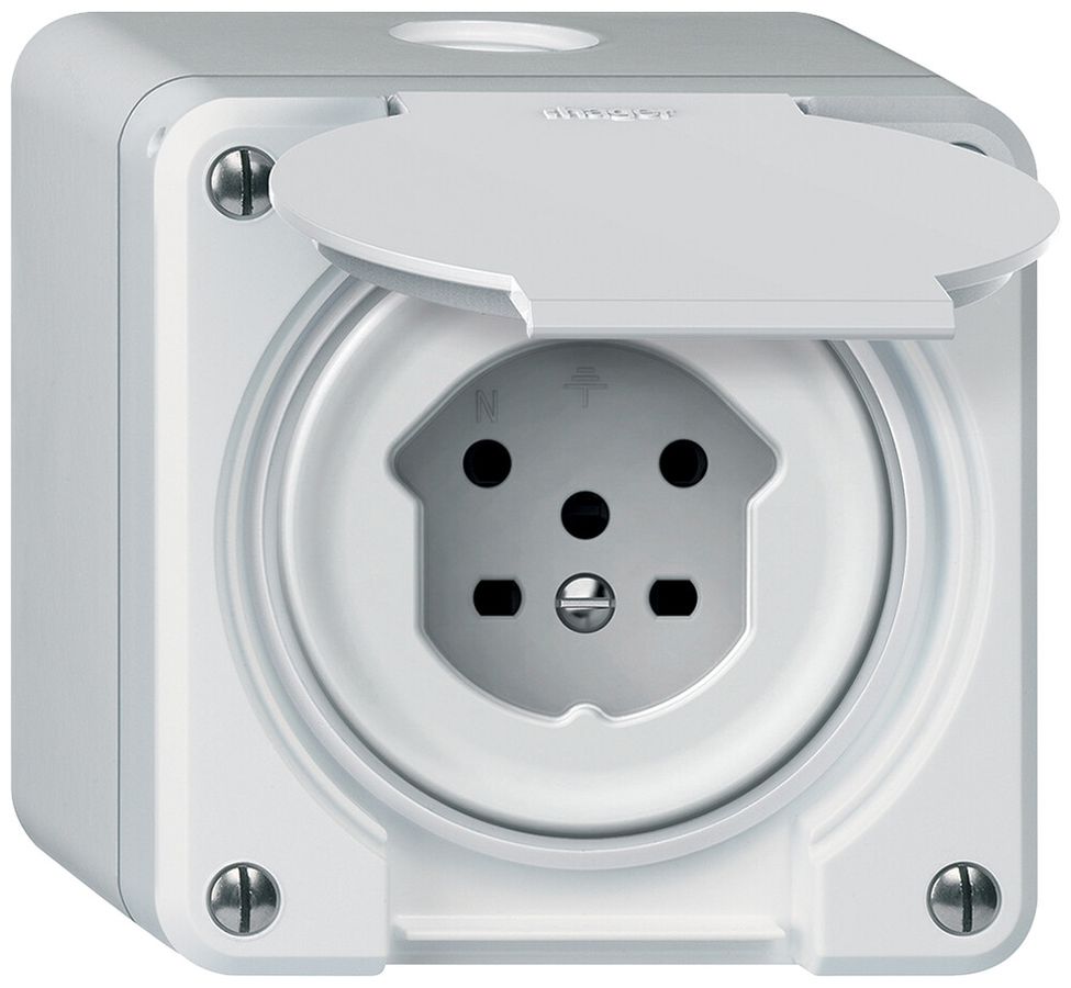 Prise AP robusto 1×T15 10A 400V 86×86mm IP21 blanc
