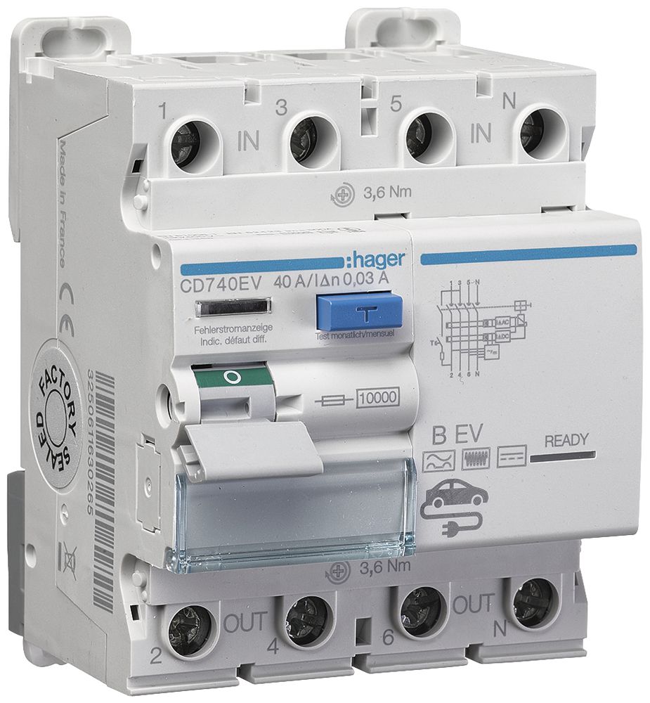 Fehlerstromschutzschalter Hager 3P+N 10kA 40A 30mA Typ B EV 4TE