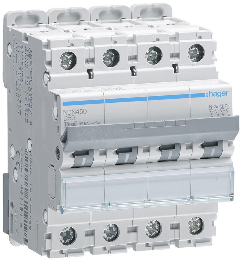 Leitungsschutzschalter Hager MCB 4P 415V Typ D 50A 10kA Icu 15kA 4TE