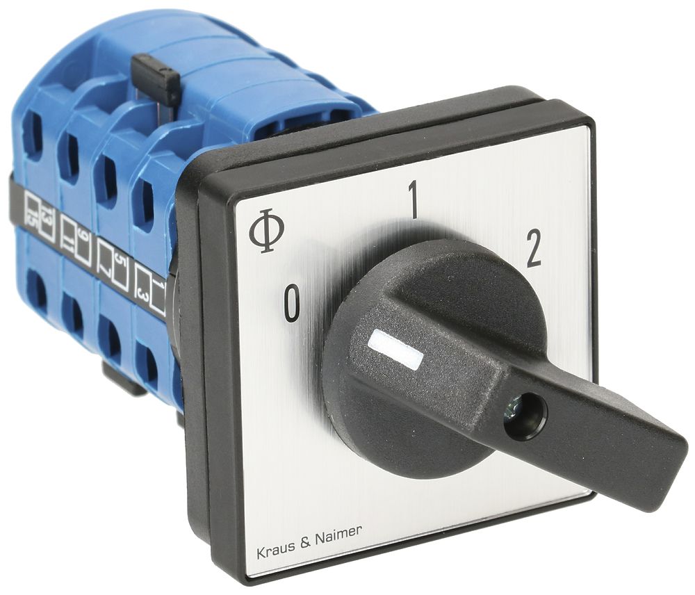 EB-Drehschalter K&N, 20A/690V 3L, Griff sz, 48×48mm, Ø6mm, "0-1-2"