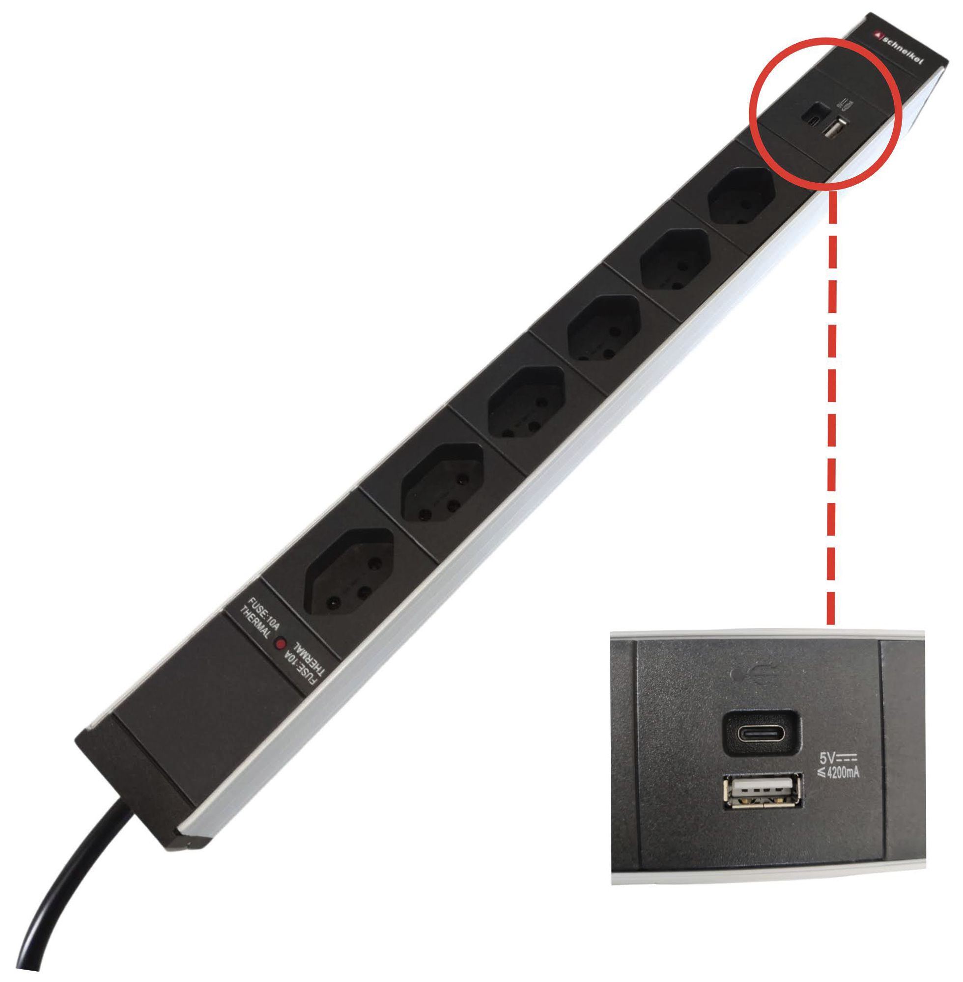 Prise multiple 19" 1UH 6×T13/1×USB-A/1×USB-C, Td3×1mm² 3m T12, F=10A, noir