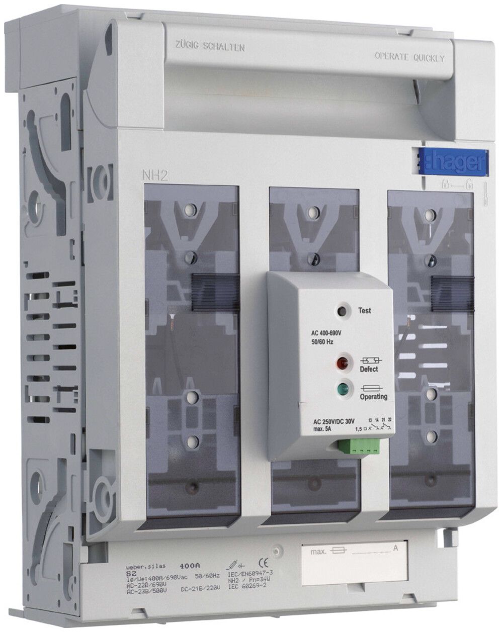 Sezionatore HPC weber.silas DIN2 690VAC 400A parete/profilo alto/basso cont.fus.