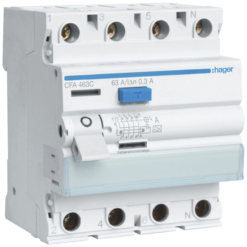 Fehlerstrom-Schutzschalter Hager RCCB (RCD) 4P 400V 0.3A Typ A 63A 4TE