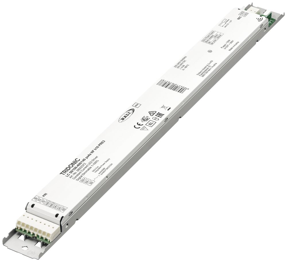 Alimentation LED Tridonic LC NFC PRE3 14…50W 0…250V 100…400mA DALI 360×30×16.3mm