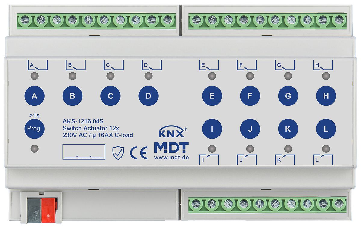 REG-Schaltaktor KNX MDT AKS-1216.04S 12-Kan 16A 230VAC 8TE