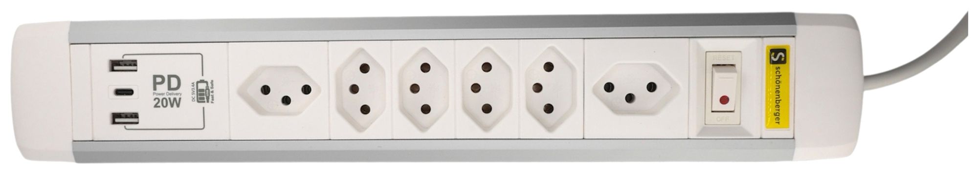 Prise multiple M. Schönenberger 10A interrupteur EN/HORS 6×T13 3×USB 2m bc/al