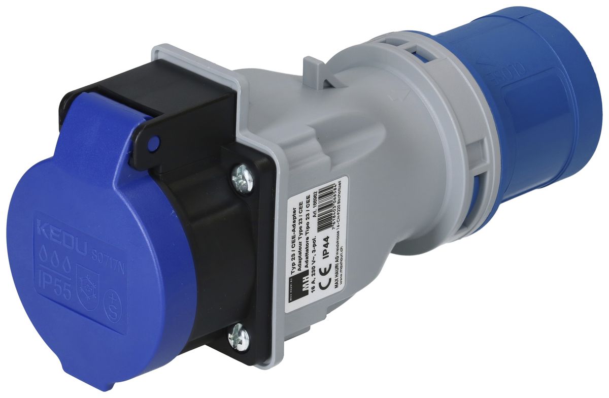 Übergangsstecker MH Stecker CEE 16A/Steckdose Typ 23 blau 230V 16A IP44/IP55