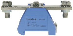 Borne de passage joignable Woertz 95mm² 232A 750V boulon 2×1 rail DIN 35mm bleu