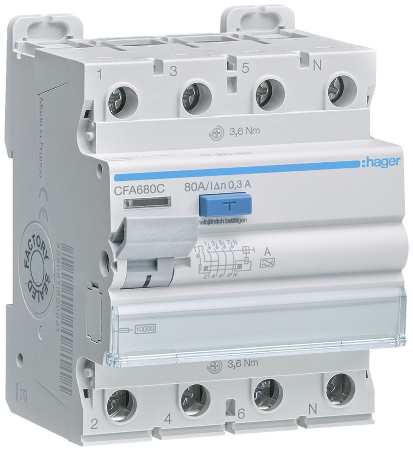 Interruttore differenziale Hager RCCB (RCD) 4P 400V 0.3A tipo A 80A 10kA 4UM