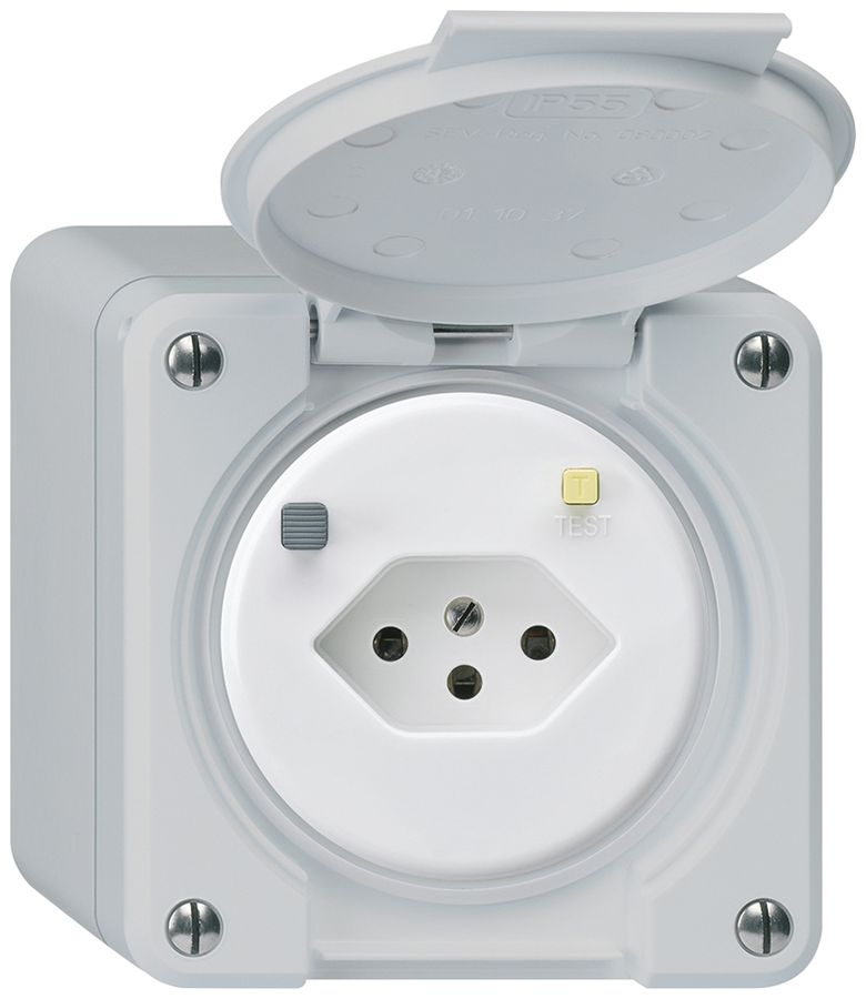 AP-FI-Steckdose robusto T13 30mA hellgrau