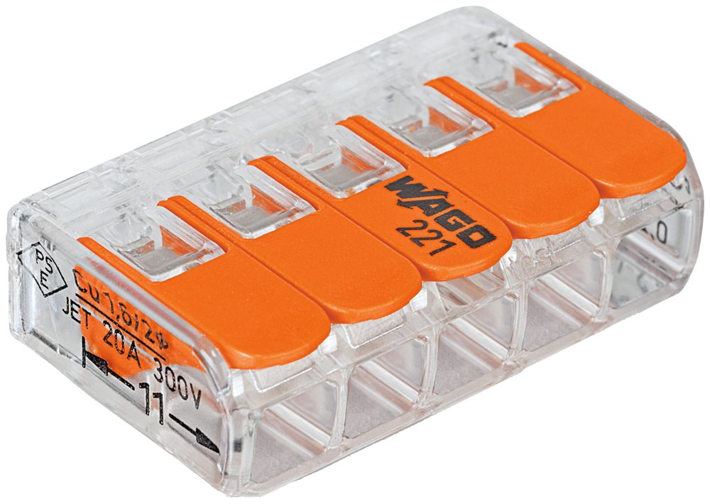 Borne de connexion WAGO 221 5×0.2…4mm² levier 32A 450V orange transparent