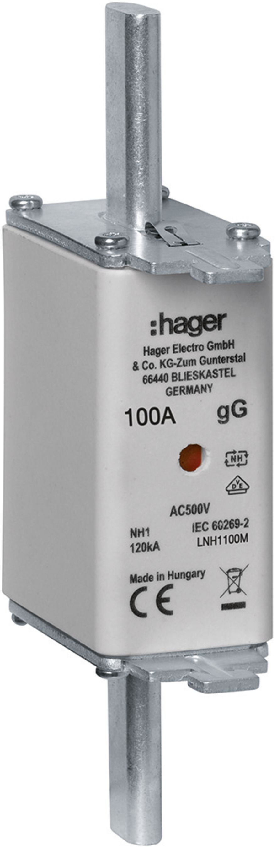 Fusible HPC Hager DIN1c 500VAC 100A gG/gL avertisseur double antirouille