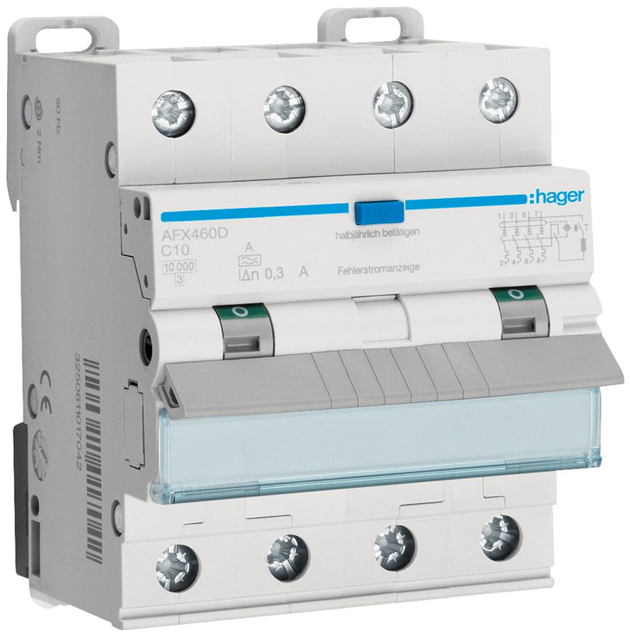 FI/LS-Schalter Hager RCBO 4P 400V C 10A 0.3A 4TE Typ A 10kA