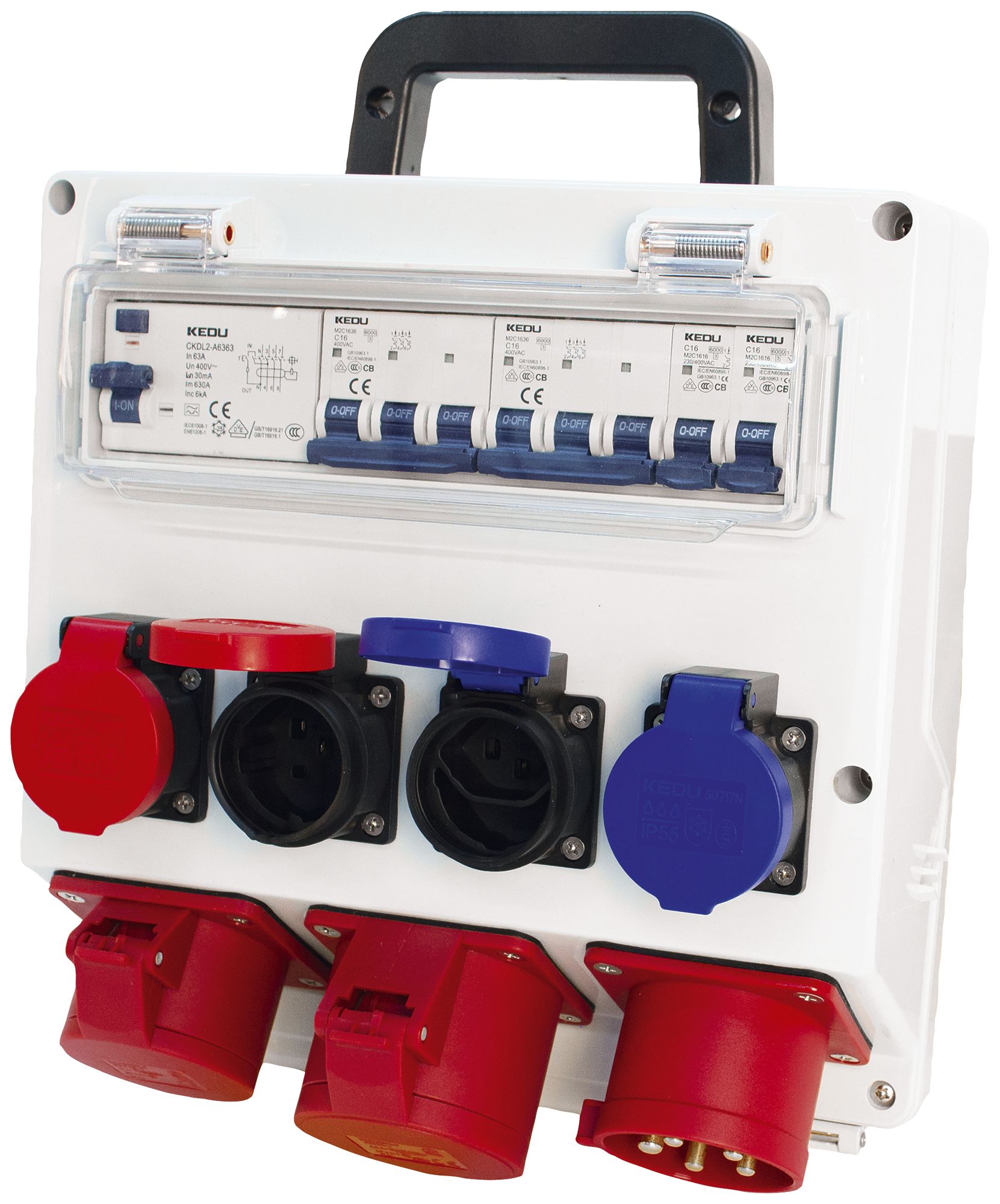 Stromverteiler Steffen 63A 2×T23 2×T25 1×CEE16 1×CEE32 mit FI IP55